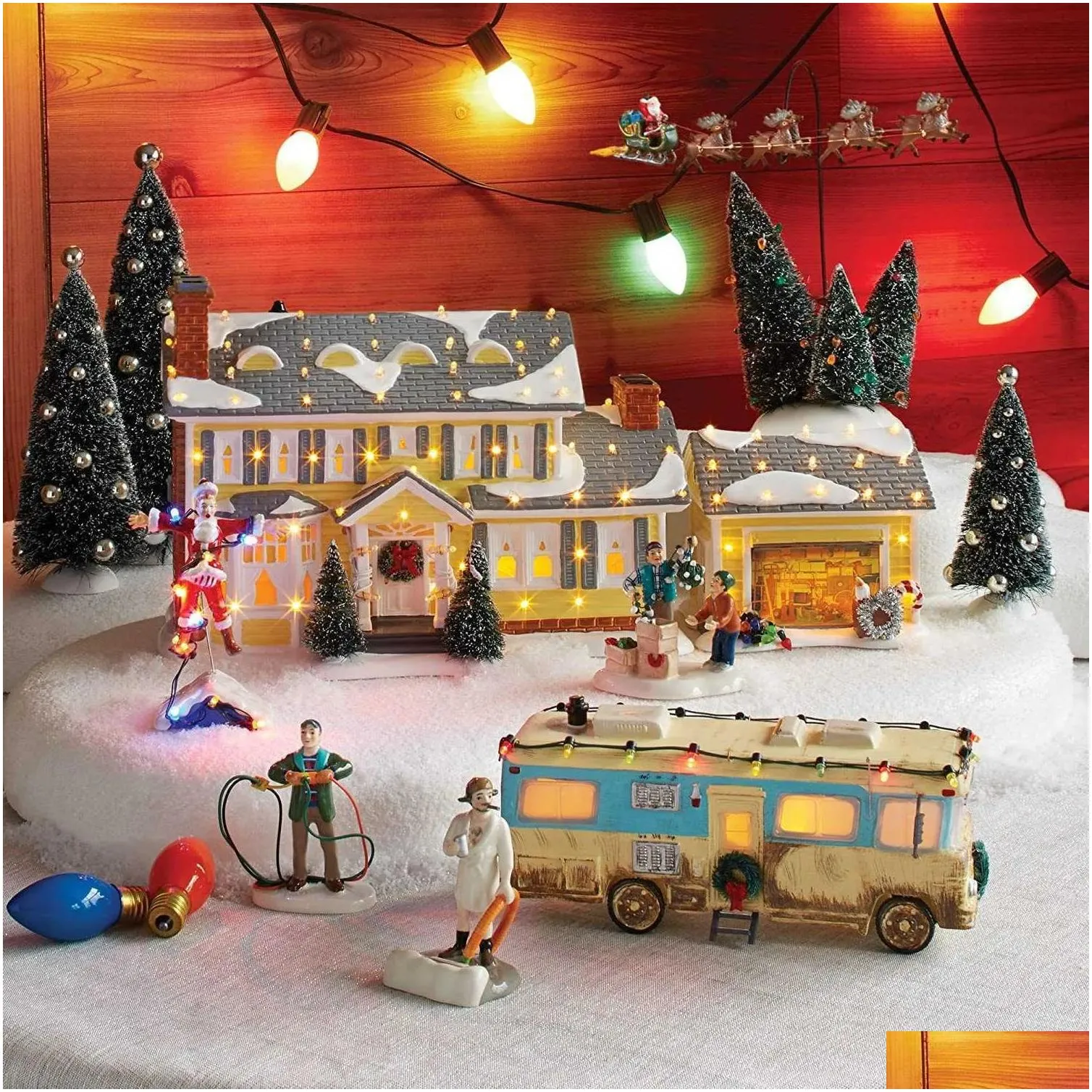 Christmas Decorations Brightly Lit Building Christmas Santa Claus Car House Village Holiday Garage Decoration Griswold Villa Home Desk Dhcuq