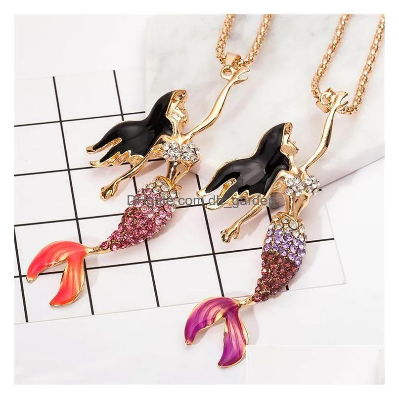 pretty fish necklace fashion goldcolor chain with simulatedpearl gray winered enamel mermaid pendant necklace for women