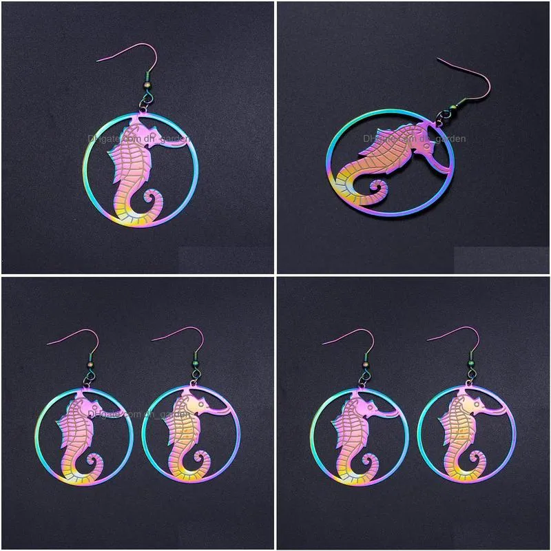 dangle chandelier super unique rainbow color stainless steel fashion seahorse drop earring for women large earrings trendy jewelry
