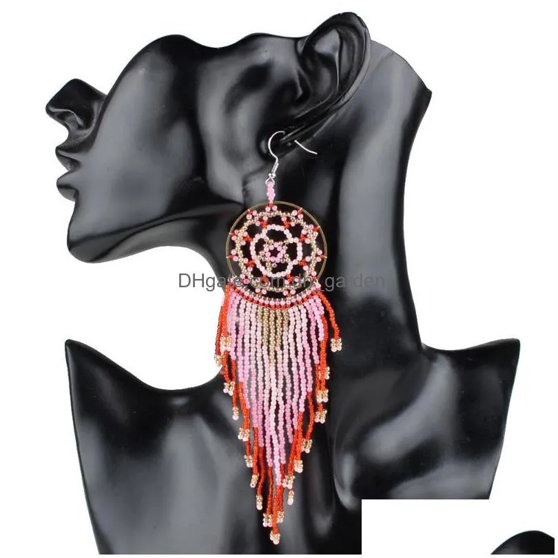 dangle chandelier earrings fashion long pendant round tassel colored rice beads weave