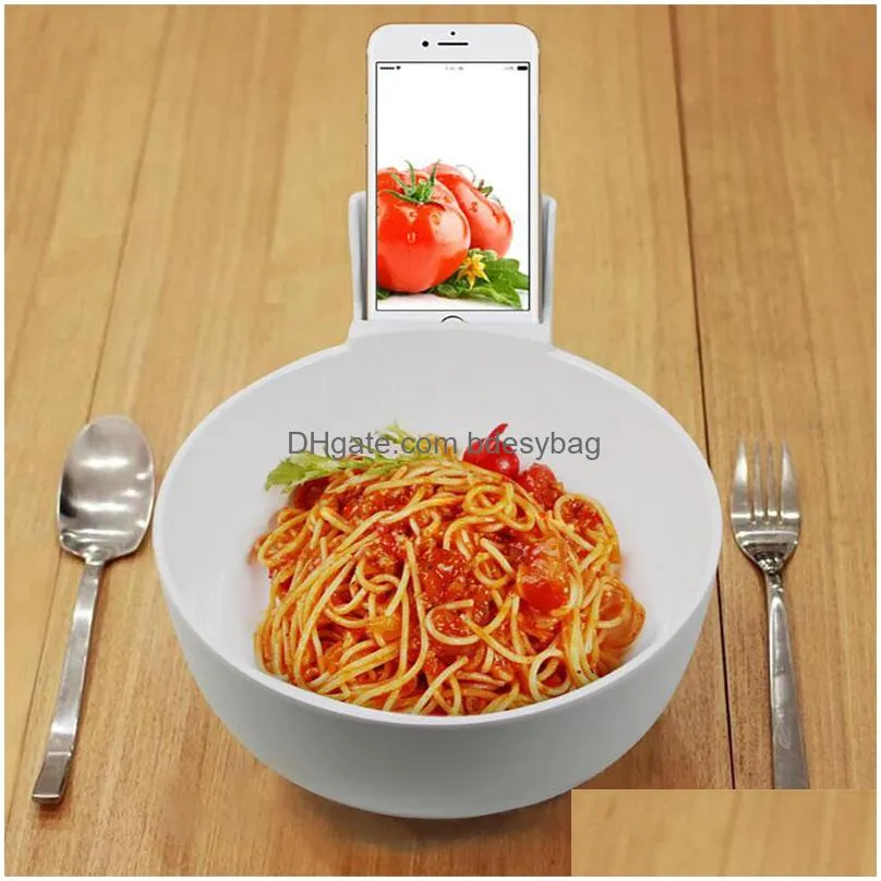 creative bowl with cell phone holder for mobile phone users white black melamine bowl 2l large size ramen bowls tableware za2668