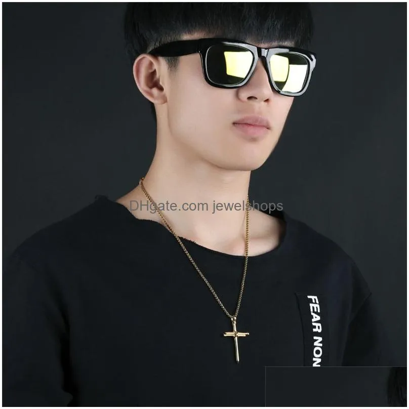 Pendant Necklaces Mens Nail Cross Pendant Necklaces Fashion Stainless Steel Link Chain Necklace Black Rose Gold Sier Punk Style Hip Ho Dhjhh