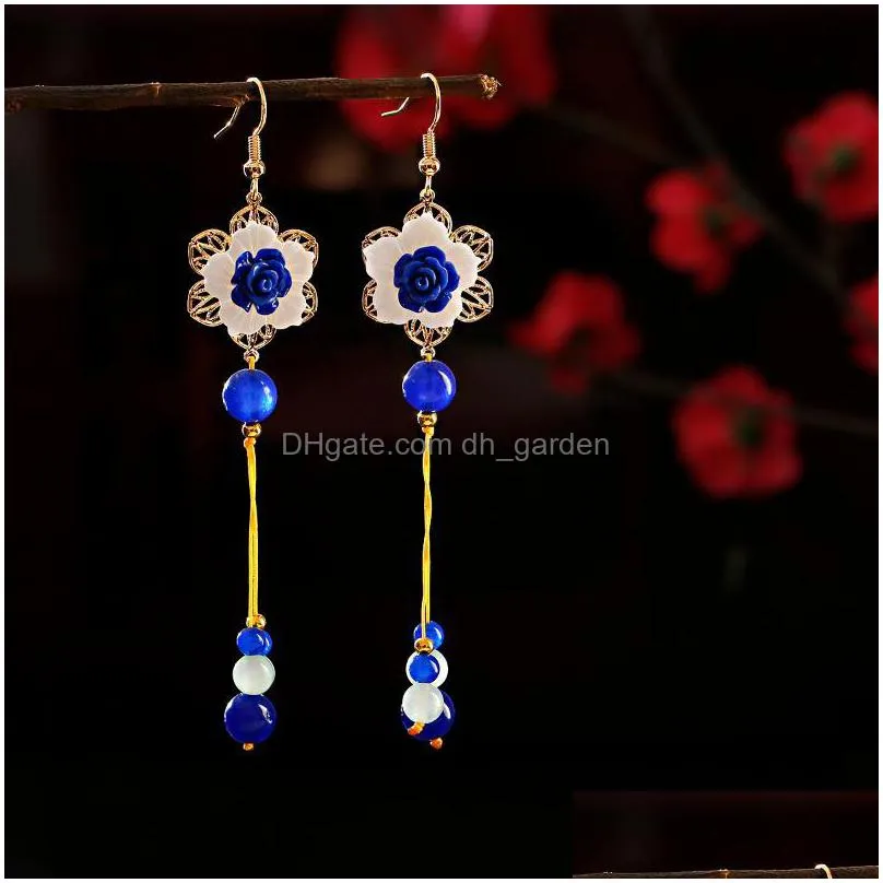 dangle chandelier pendant long earrings for women hanfu chinese flower earring piercing unusual ancient ethnic original ear drop jewelry