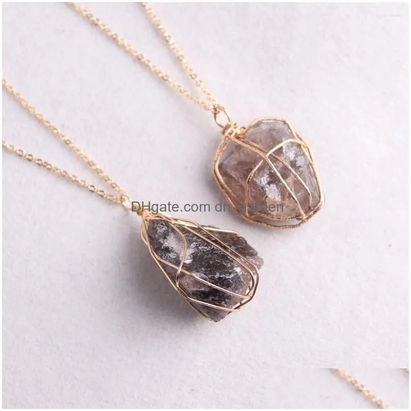 pendant necklaces 12pcs/lot wire wrap natural stone smoke crystal necklace healing energy jewelry bulk wholesale items for small