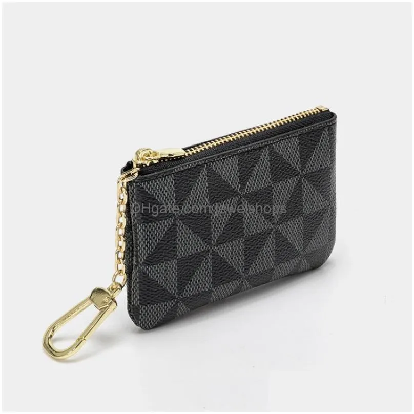 Key Rings Coin Pouches Keychains Car Key Chains Rings Holder Pu Leather Zipper Bag Black Triangle Plaid Brown Flower Pendant Design Ke Dhwth