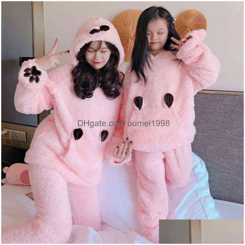 Women`S Sleepwear Thicken Pajama Set Women Plush Child Pyjamas Femme Cute Bear With Gloves Nightwear Warm Coralfleece Parent-Child Out Dhtuh