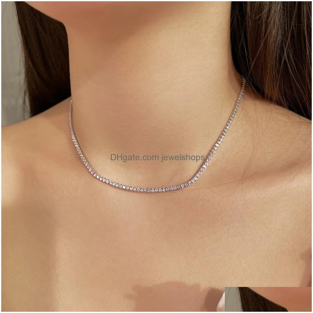 Tennis, Graduated 100% 925 Sterling Sier Tennis Chains Necklaces With Stamped 2Mm Luxury Cubic Zirconia Classic Bling Iced Out Hip Hop Dh7Xh