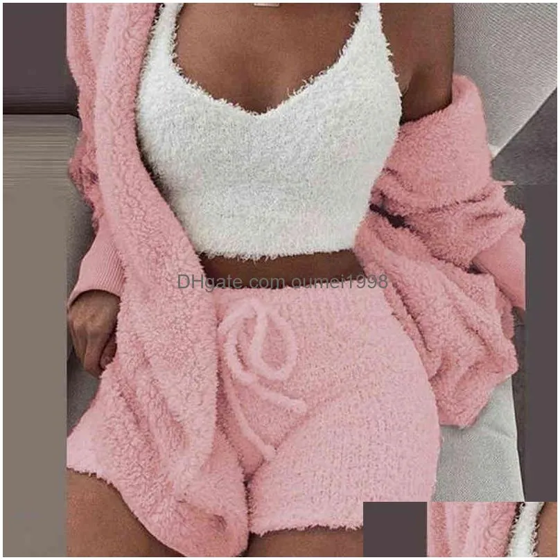 Women`S Sleepwear 3Pcs Pajama Set Women Y Fluffy Suit Veet Plush Robe Soft Warm Sleeveless Sweater Loungewear Pijamas Mujer Sleepwear Dhkbd