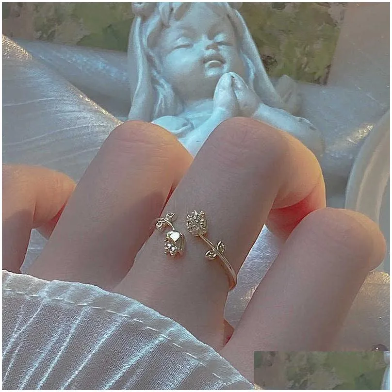 Rings VENTFILEL 925 Stamp Gold Color Rose Flower Ring for Women Girl Gift Adjustable Zircons Jewelry Dropshipping Wholesale Z0223