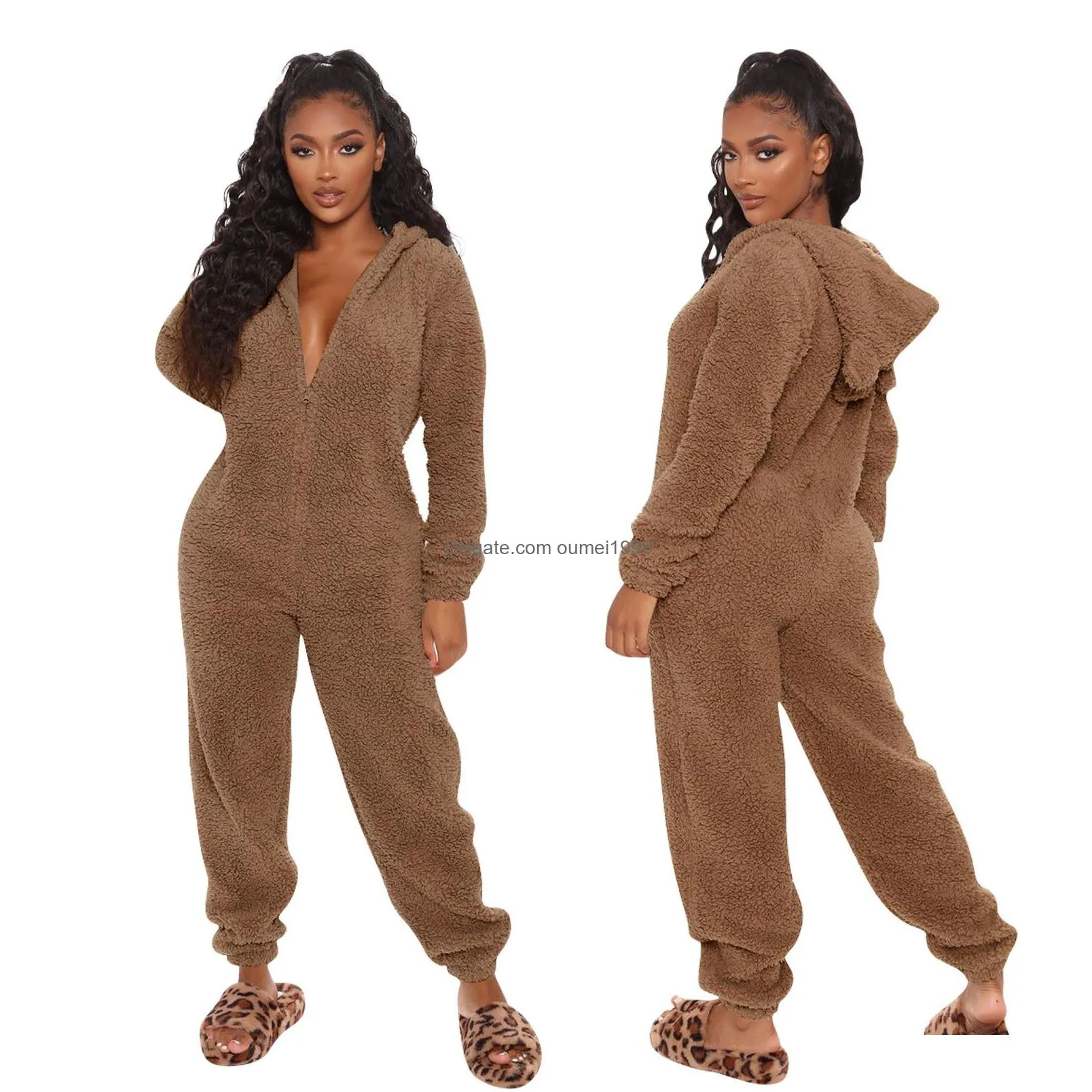 Women`S Jumpsuits & Rompers Jumpsuits Rompers Autumn And Winter Long-Sleeved Hooded Casual Trousers Plush Home Service Pajamas Cute Dr Dhalp