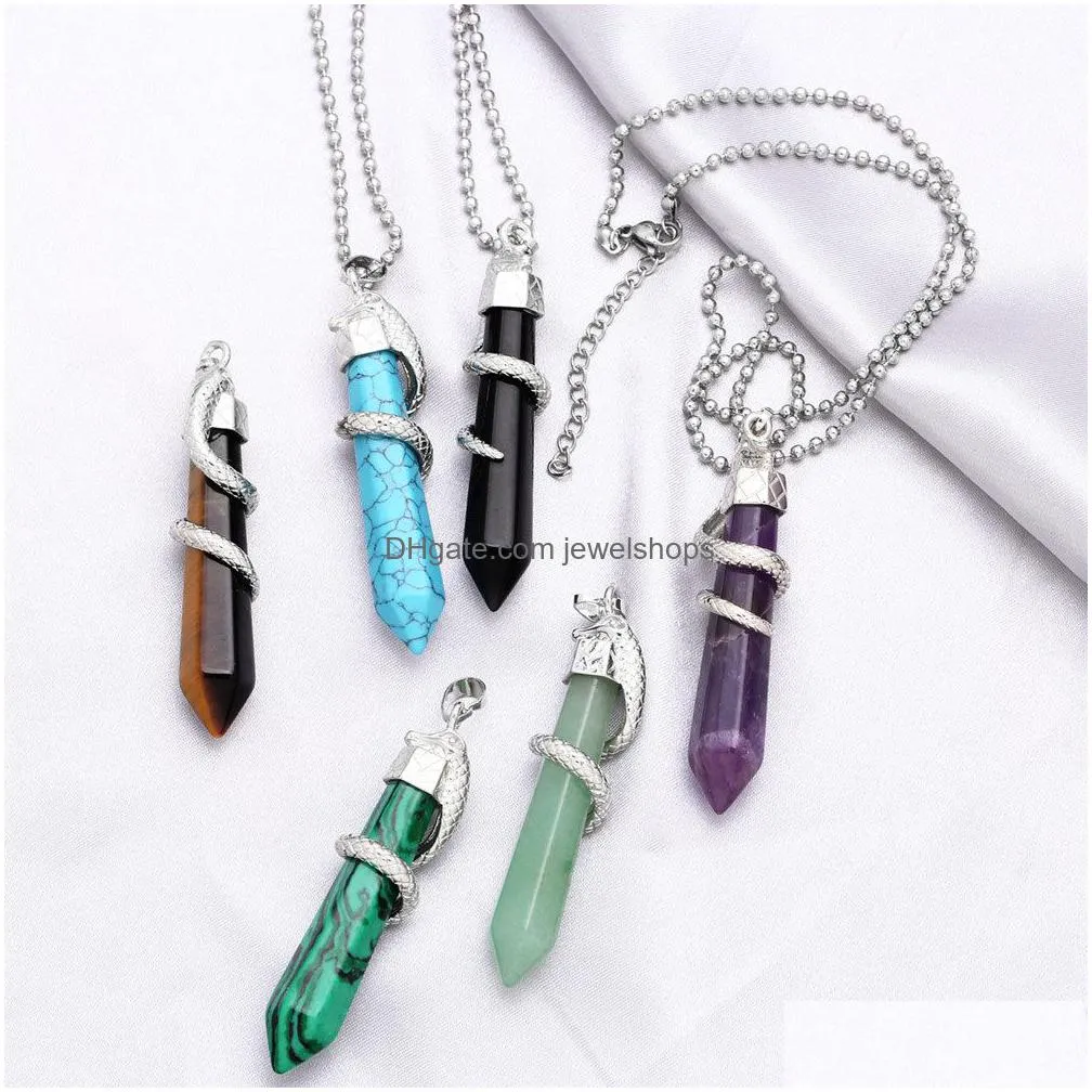 Pendant Necklaces Women Hexagon Necklace Fashion Natural Gem Stone Crystal Amethyst Blue Turquoise Malachite Green Aventurine Snake Wr Dhdth