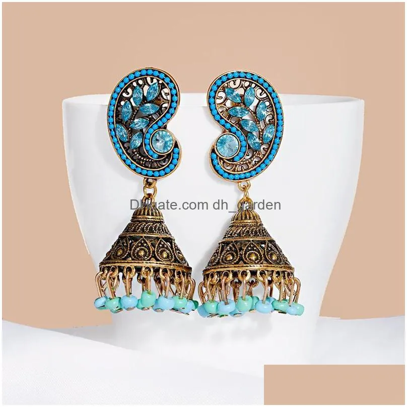 dangle chandelier classic retro womens leaf rhinestone turkish jhumka earrings vintage turkey boho bells beads tassel