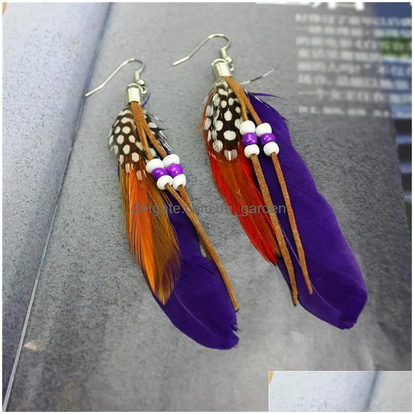 dangle chandelier 1pair summer colorful tassel dangling earrings feather leather beads feathers womens fashion jewelry