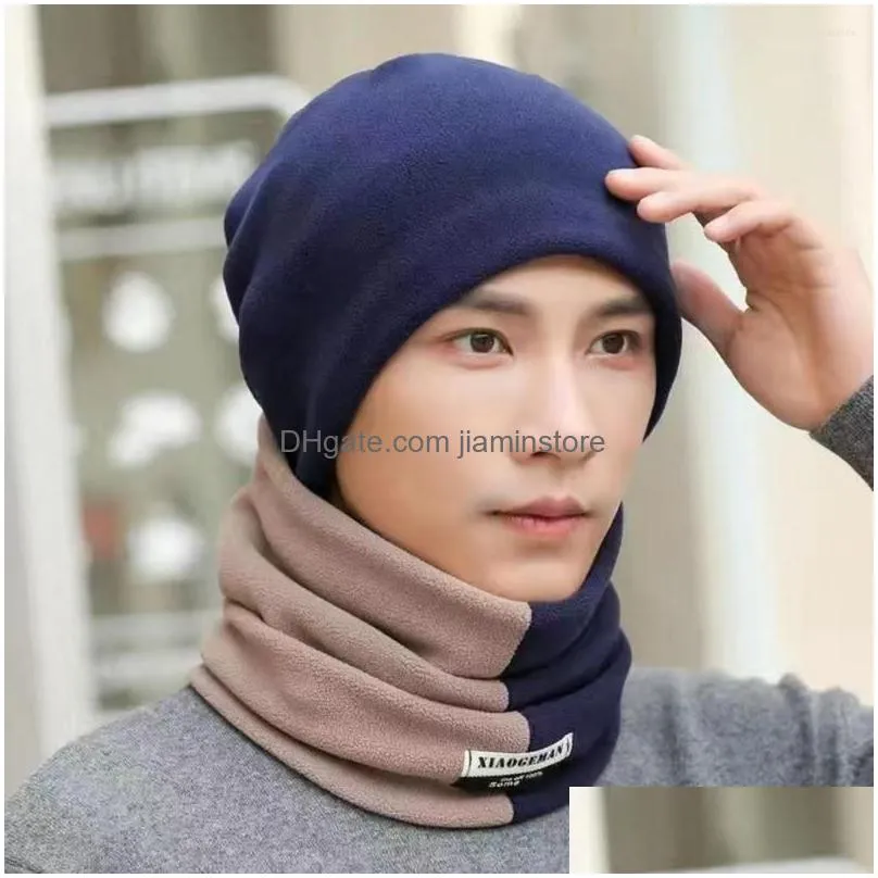 Other Fashion Accessories Berets 2Pcs/Set Ear Protection Windproof High Elastic Hat Scarf Set Men Autumn Winter Color Block Fleece Nec Dhhod