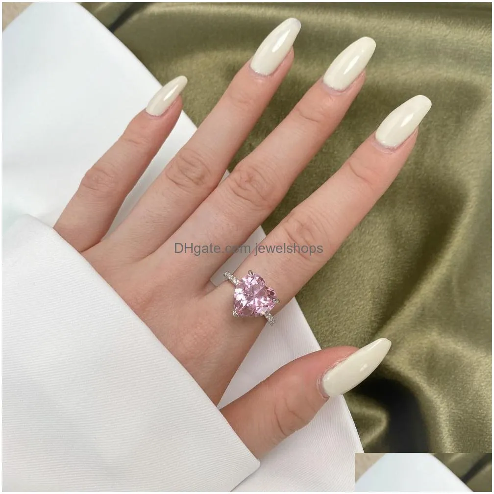 With Side Stones 100% S925 Sterling Sier Rings Luxury Love Heart Square Round 5A Cubic Zirconia Wedding Bride Band Ring Classic Clear Dhb5E