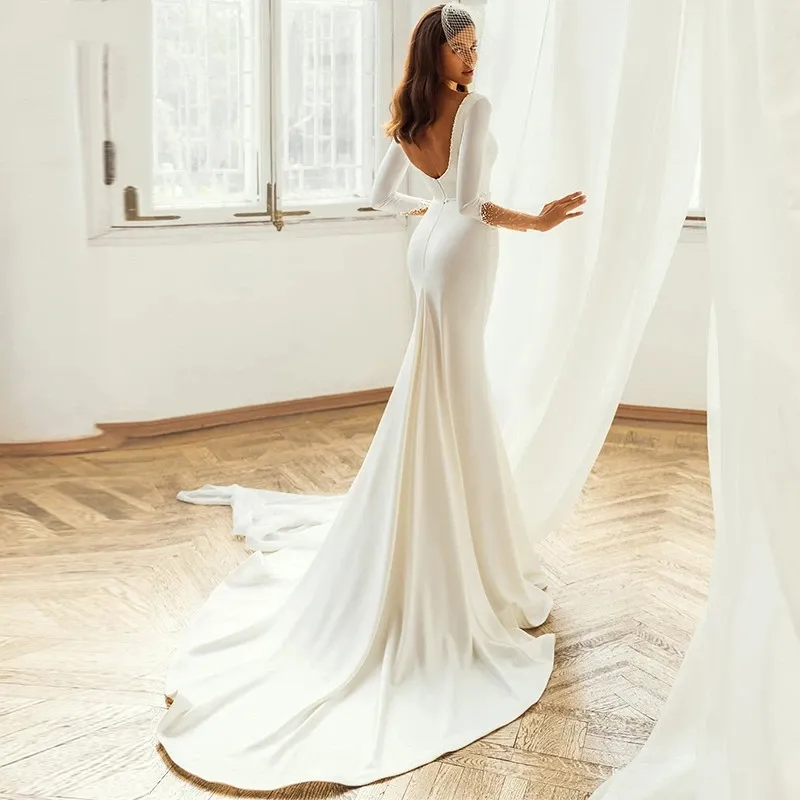 Simple Ivory Mermaid Wedding Dresses Deep V Neck Sequins Long Sleeves Boho Garden Bridal Gowns Sexy Backless Sweep Train Bride Reception Dress Robes de Mariee CL2928