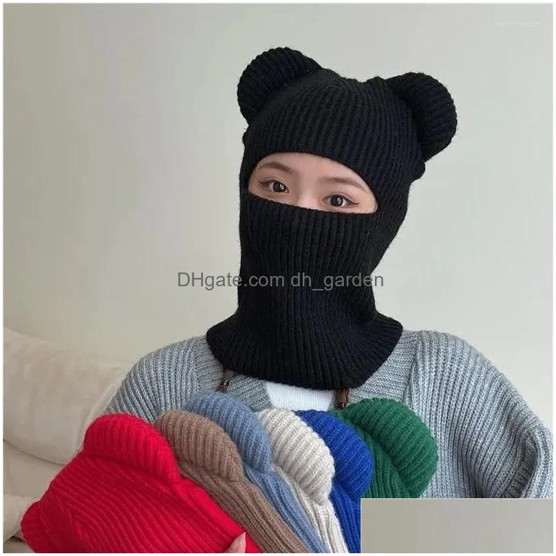 berets winter cute funny knit balaclava with bear ears women warm full face cover ski mask hat men outdoor windproof beanies