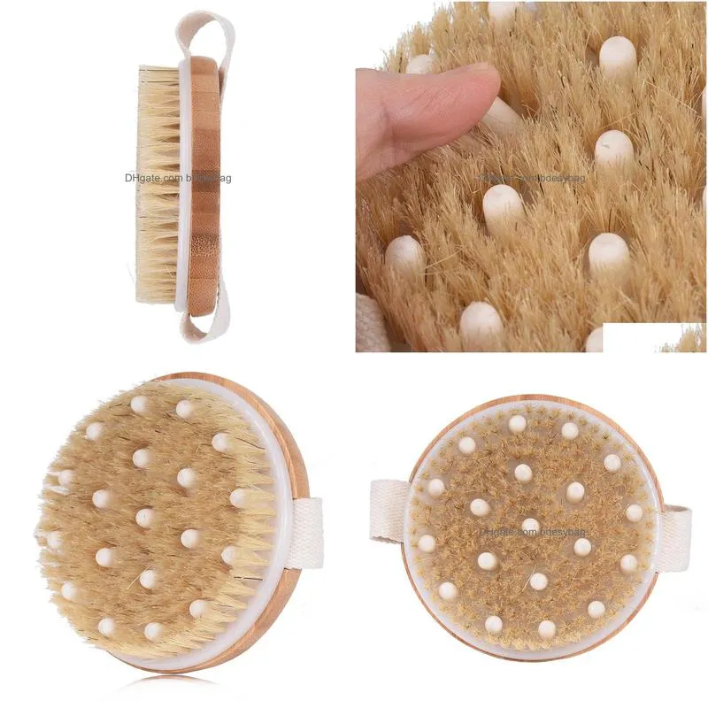 cellulite circulation massage brush with natural bristles round bamboo shower body bath brush for wet or dry brushing back w0283