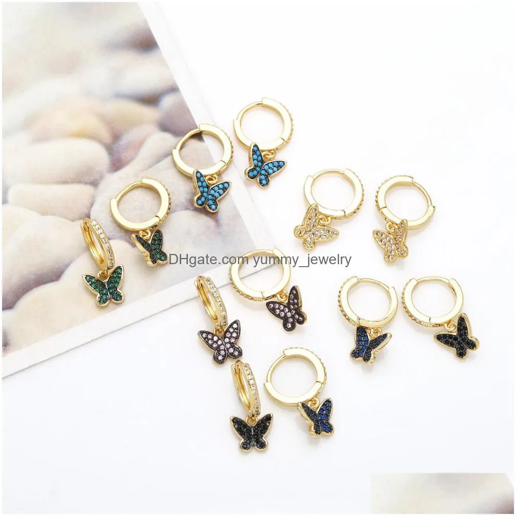 Charm Gold Plated Hoops Black And Green Butterfly Earrings For Women Copper Zircon Dangle Small Crystal Jewelry Drop Delivery Jewelry Dhjio