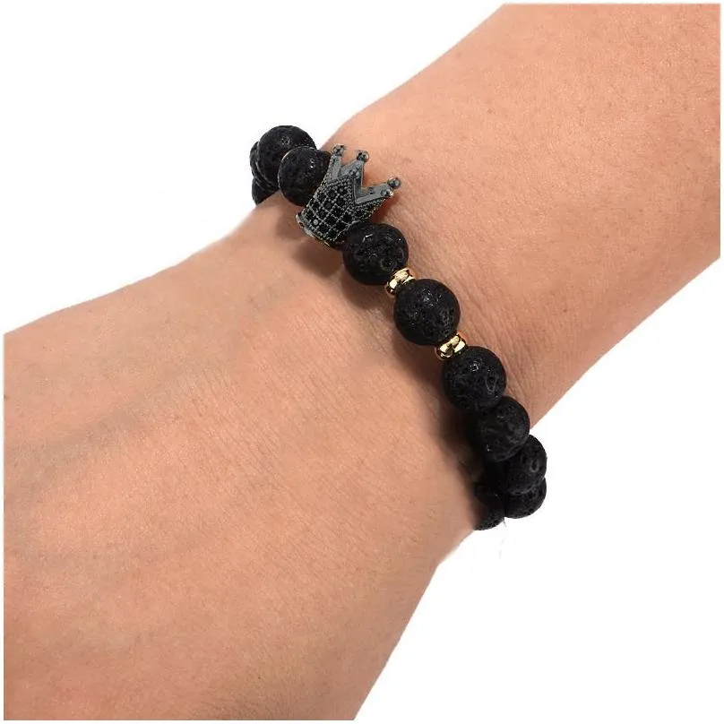 JLN Natural Lava Crown Bracelet Imperial King Charm Picture Jasper Agate Crystal Stone Power Beads Stretch Bracelets For Men Women