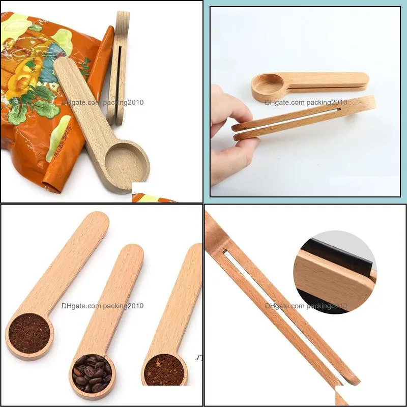 design wooden coffee scoop with bag clip tablespoon solid beech wood measuring tea bean spoons clips gift wholesale paa9985