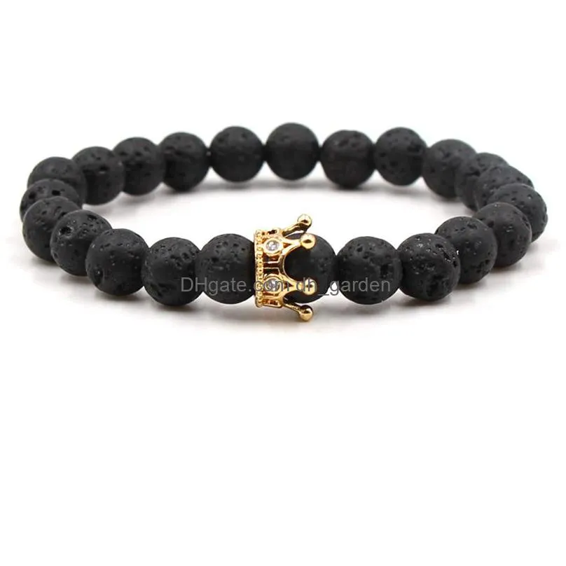 Charm Bracelets Fashion Sier Gold Plated Crown Natural Black Lava Stone Elastic Bracelet Aromatherapy Essential Oil Diffuser Dhgarden Dhq4X