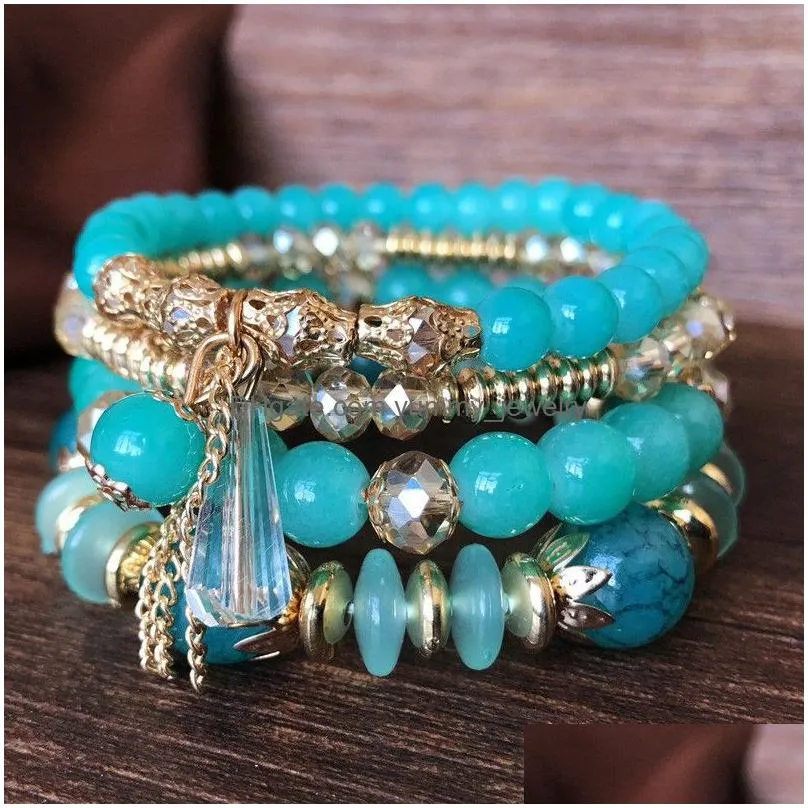 Charm Bracelets Voleaf Vintage Natural Stone Bead Bracelet Bohemian Mti Layered Crystal Boho Jewelry Set For Women Vbr127 Drop Deliver Dhpf2