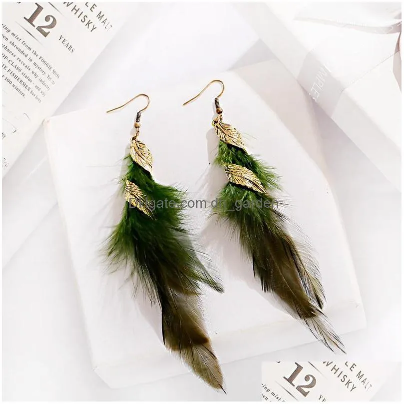 dangle chandelier bohemian leaf feather earrings for women 2021 jewelry gold pendant tassel drop