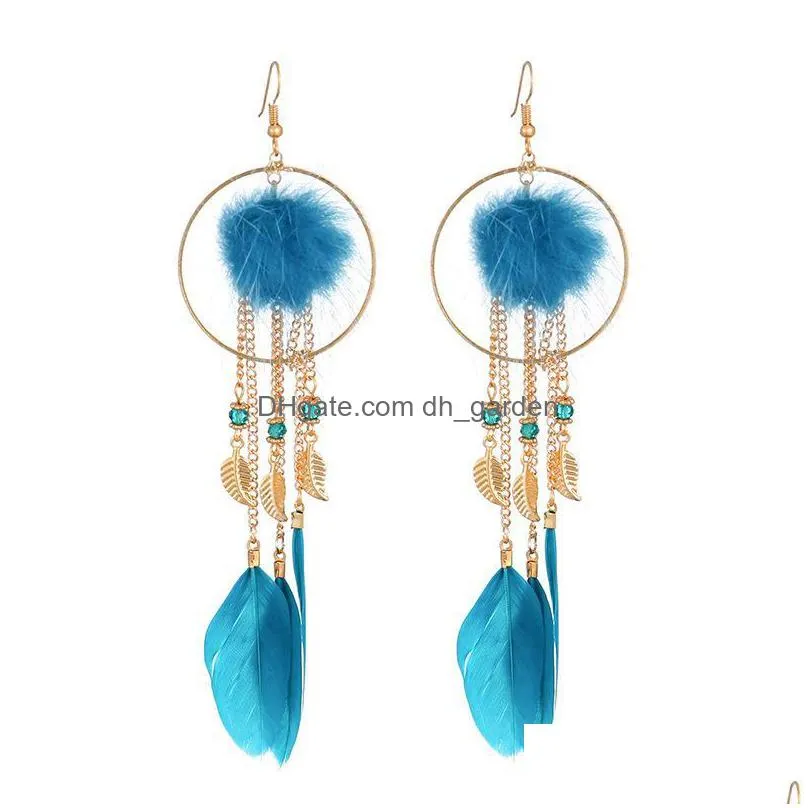 dangle chandelier hairball tassel chain feather earrings womens long bohemian style pearl boho national exaggerated for women