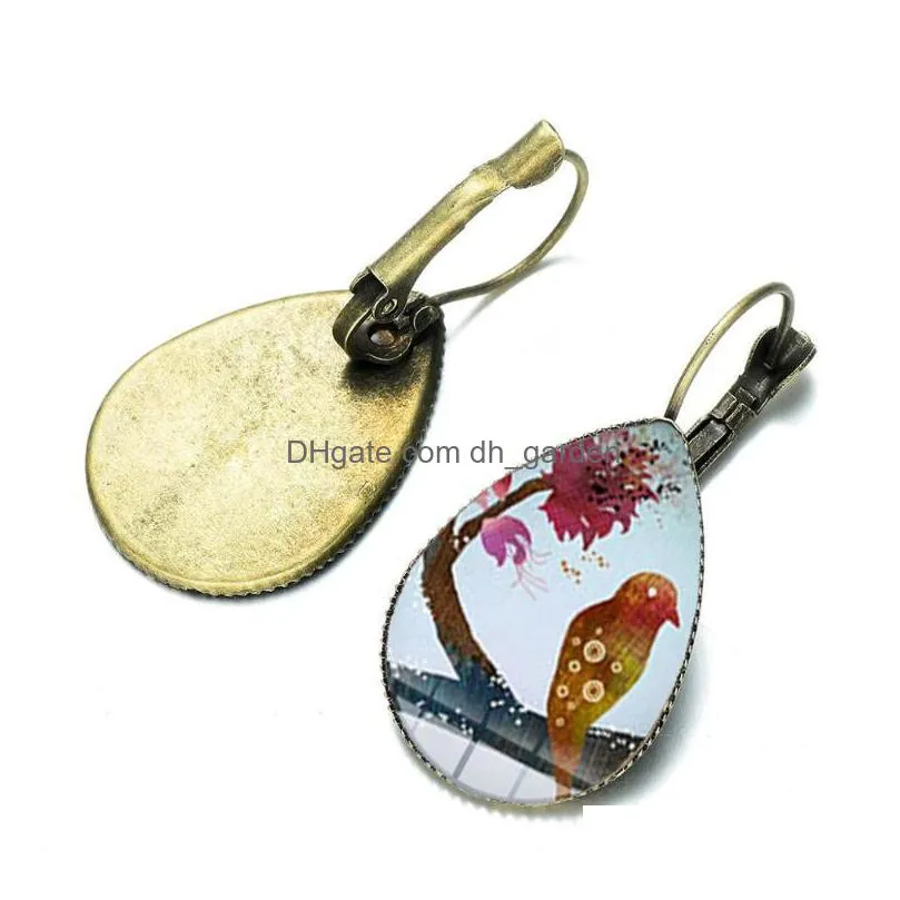 dangle chandelier colorful hummingbird earrings bronze silver plated glass picture cabochon water drop fashion animal bird jewelry