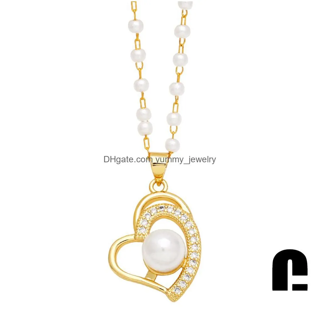 Pendant Necklaces Luxury White Pearl Beaded Necklace For Women Copper Gold Plated Hollow Heart Lips Zircon Fashion Jewelry Drop Delive Dhaix