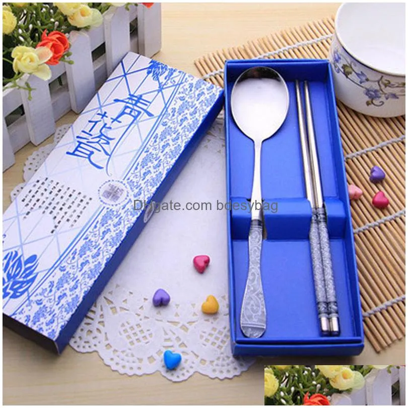 hot selling stainless steel portable chopsticks spoon fork cutlery box set students tracel tools shipping lz0020