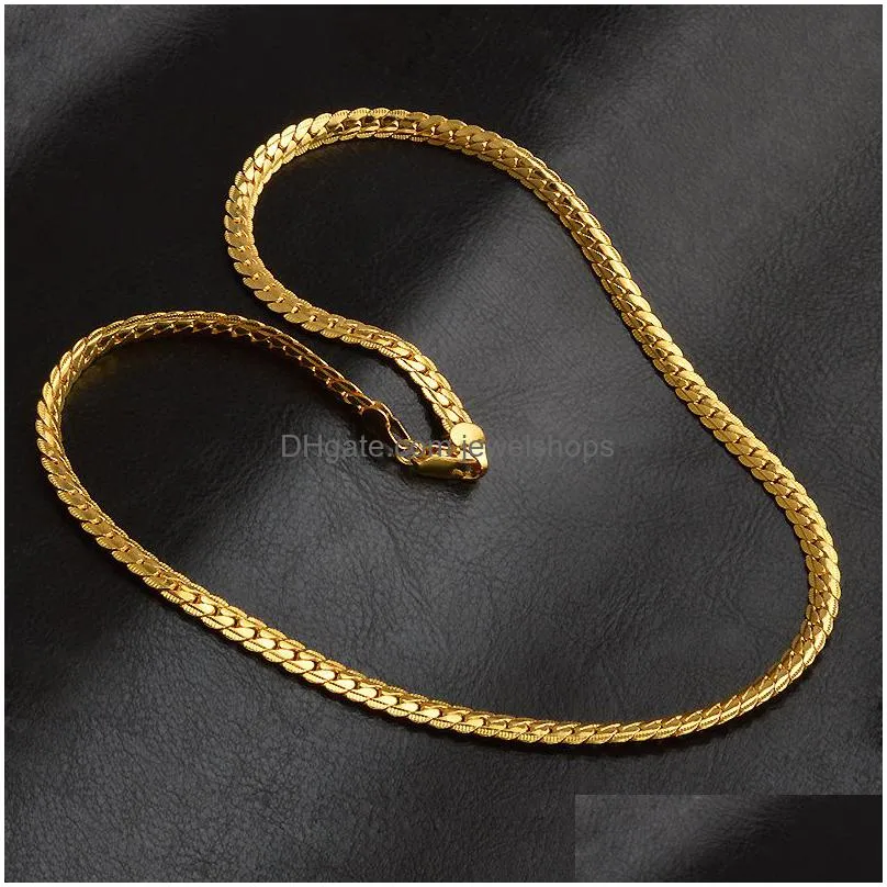 Chains 5Mm 18K Gold Plated Chains Flat Necklaces For Men Women Fashion Hip Hop Jewelry Accessories Gift With Stamp High Quality 20 Inc Dhs1X