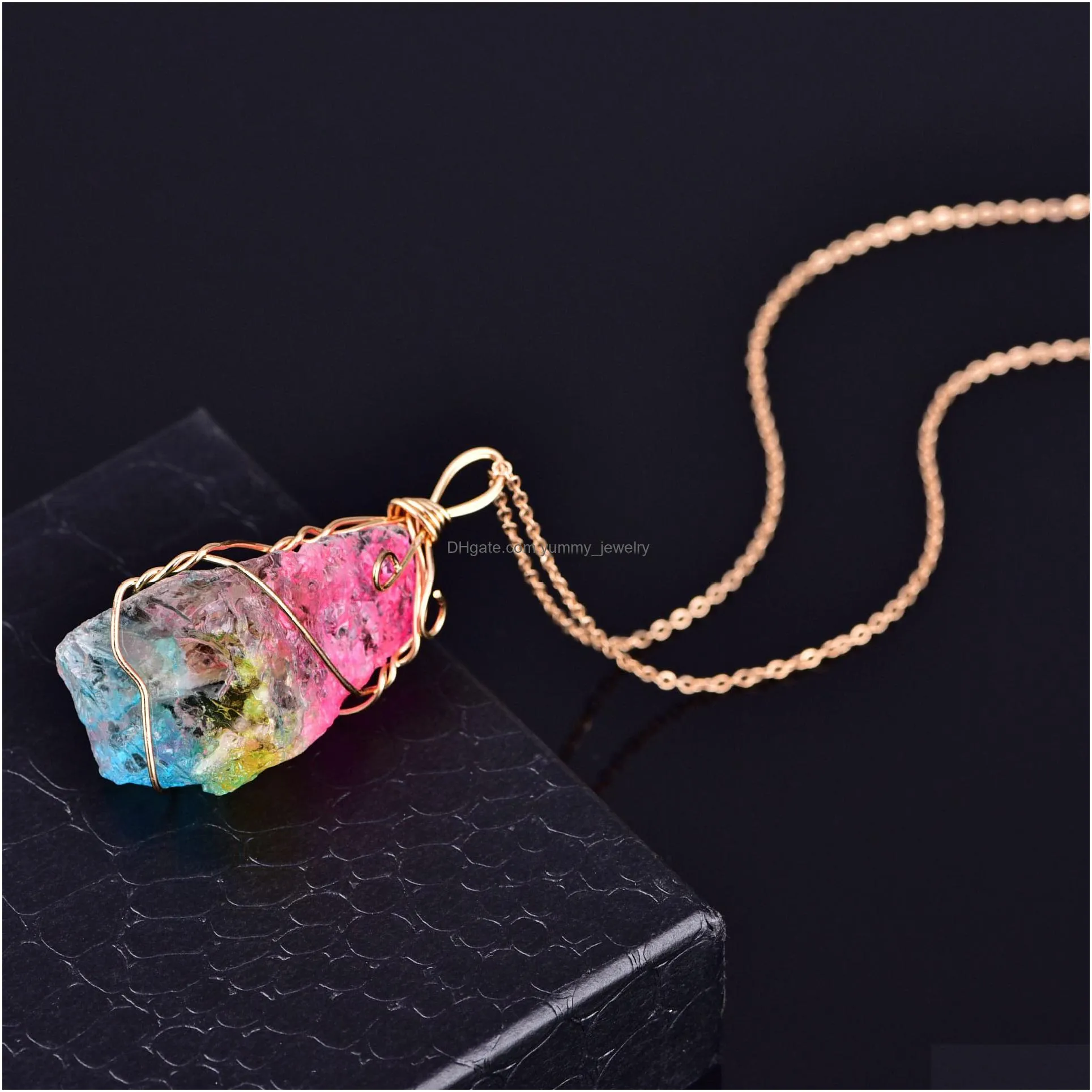 Pendant Necklaces Rainbow Alloy Mticolour Spirit Natural Stone Necklace Rhinestone Quartz Pendant Gold Chain Gift Idea Vne101 Drop Del Dhtw6