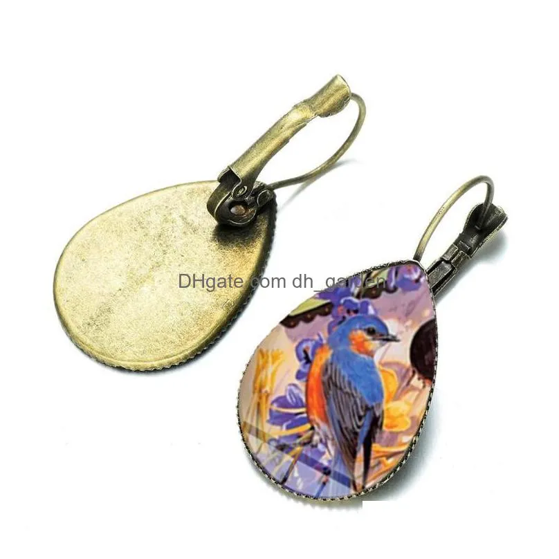 dangle chandelier colorful hummingbird earrings bronze silver plated glass picture cabochon water drop fashion animal bird jewelry