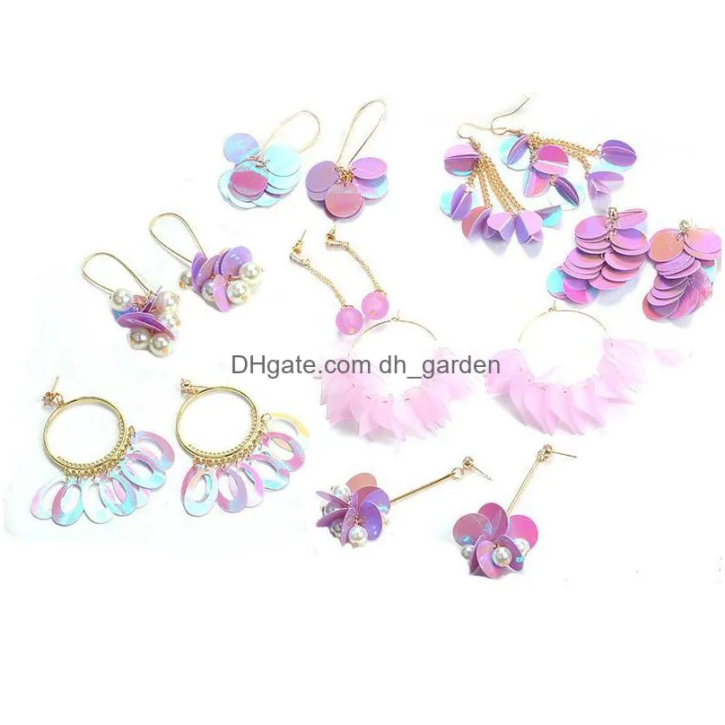 dangle chandelier lovoacc multiple korean laser purple color sequin earrings for women simulated pearl yarn glitter circle flower