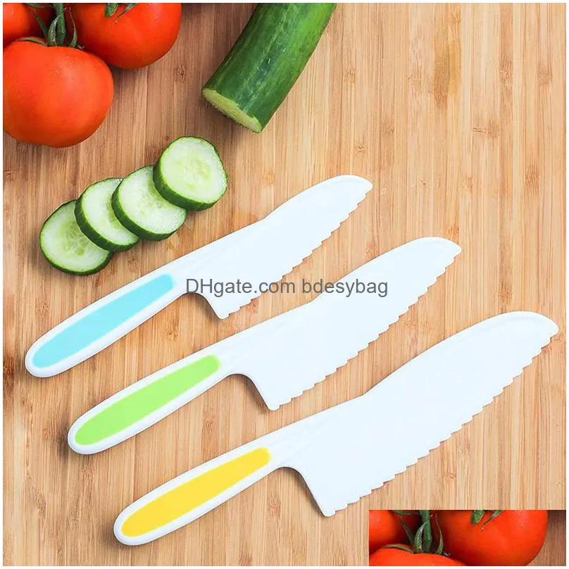 3pcs kids safety sawtooth cutter plastic fruit knife childrens chef for bread lettuce toddler cooking knives diy tool lx4789