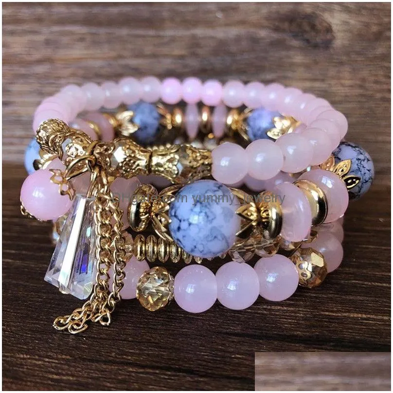 Charm Bracelets Voleaf Vintage Natural Stone Bead Bracelet Bohemian Mti Layered Crystal Boho Jewelry Set For Women Vbr127 Drop Deliver Dhpf2