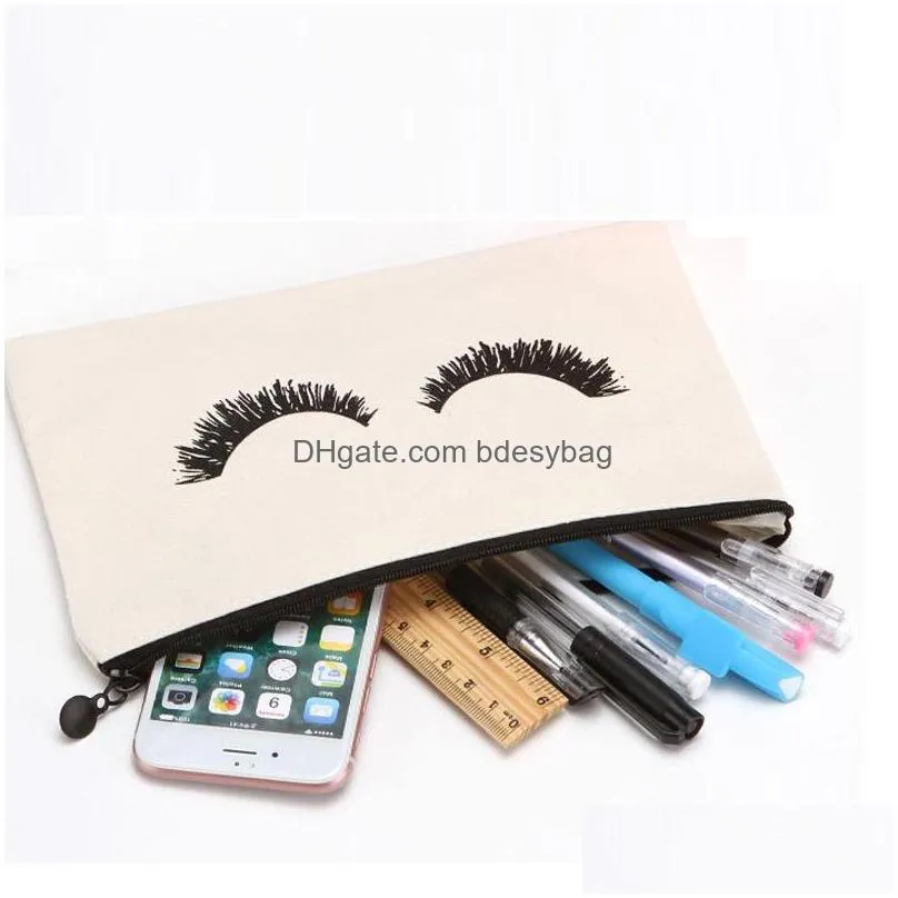 23cmx14.5cm large canvas eye lashes printed woman drawstring makeup bag zipper clutch bag cosmetic organizer lx1825