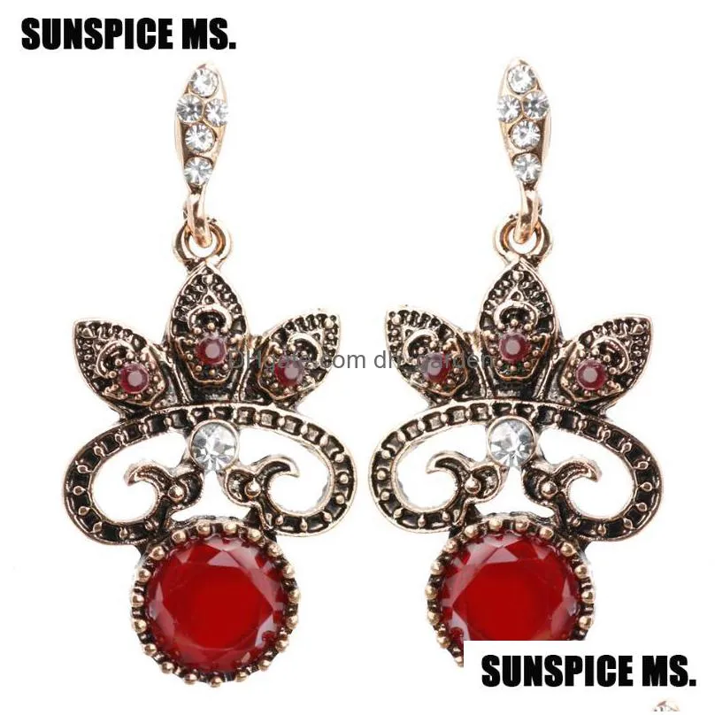 dangle chandelier bohemia vintage flower drop earrings for women antique gold color round stone turkey brand design gift 2021