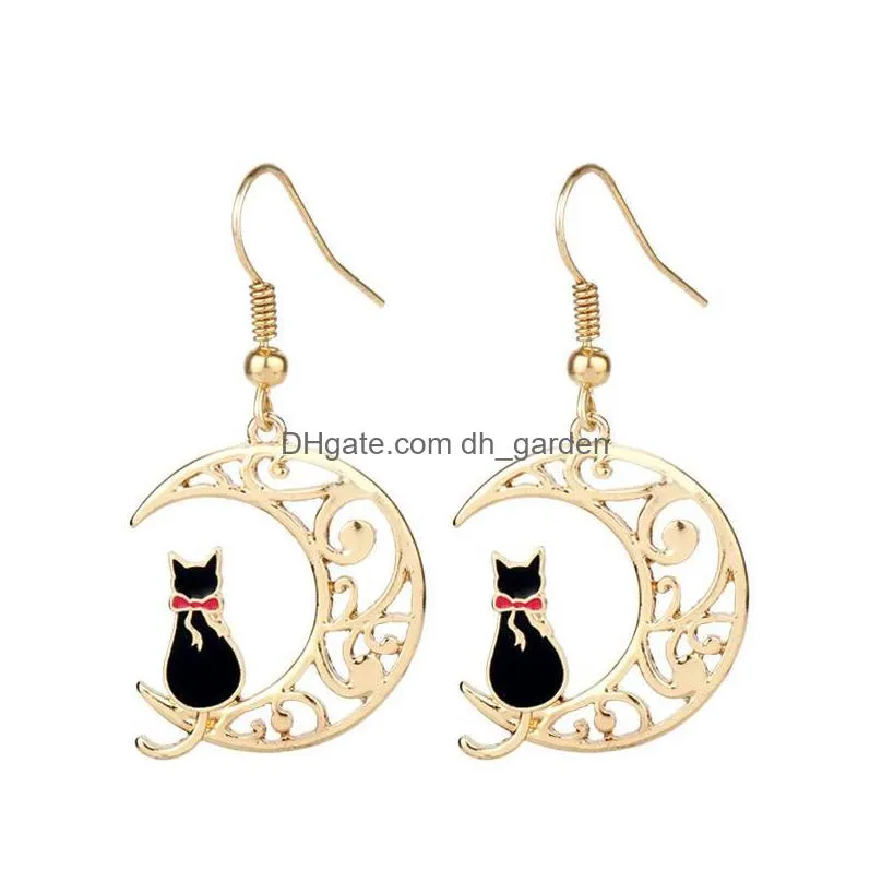 dangle chandelier cute kitten hollow moon earrings. cartoon meow star people animal shape oil drop eardrops girl women party wear