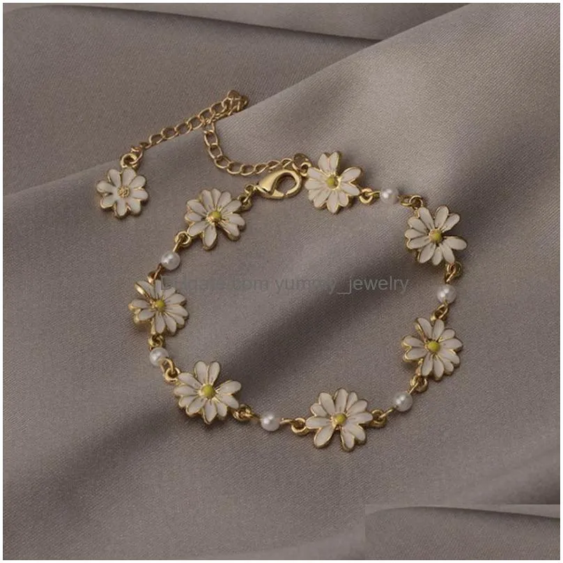 Charm Bracelets Voleaf Dainty Pearl Daisy Bracelet For Women Adjustable Enamel Flower Jewelry With Charms Vbr137 Drop Delivery Jewelry Dhpav
