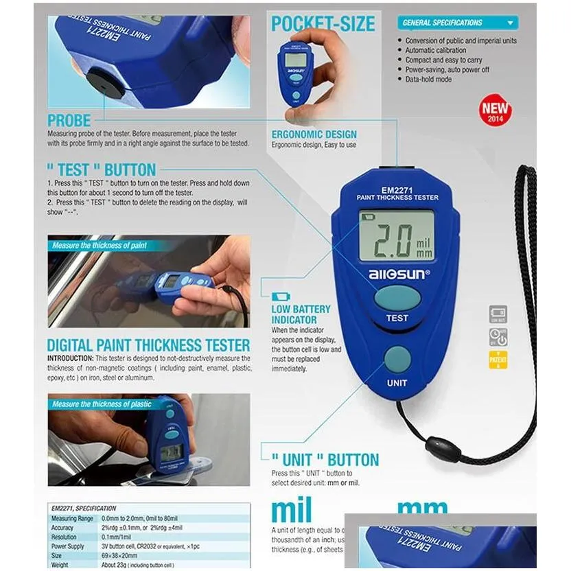 Width Measuring Instruments Wholesale Paint Thickness Tester Digital Gauge Coating Meter Car Em2271 Drop Delivery Office School Busine Dhxef
