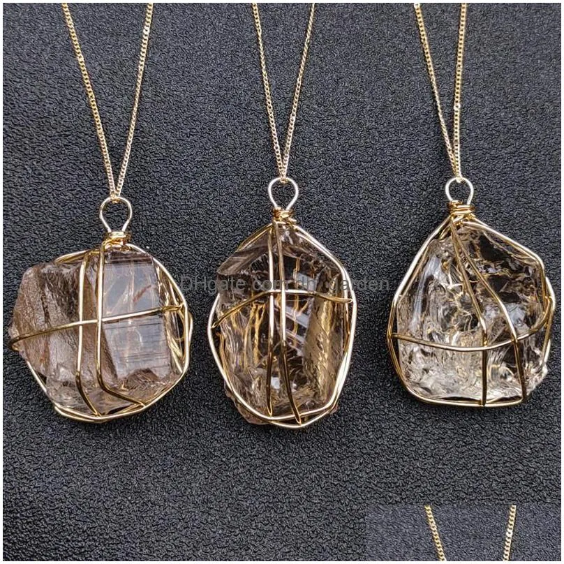 pendant necklaces 12pcs/lot wire wrap natural stone smoke crystal necklace healing energy jewelry bulk wholesale items for small