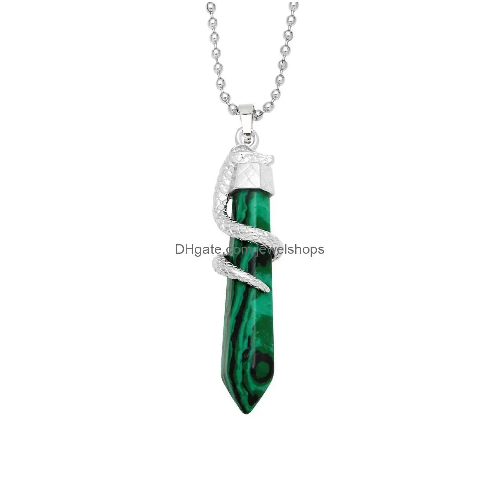 Pendant Necklaces Women Hexagon Necklace Fashion Natural Gem Stone Crystal Amethyst Blue Turquoise Malachite Green Aventurine Snake Wr Dhdth