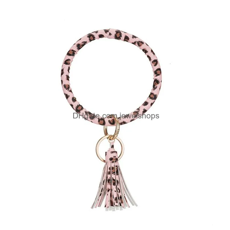 Key Rings Tassel Pendant Bracelet Key Chain Pu Leather Bracelets Wristlet Bangle Leopard Keychain Round Ring Charm Jewelry Car Keyring Dhvd4