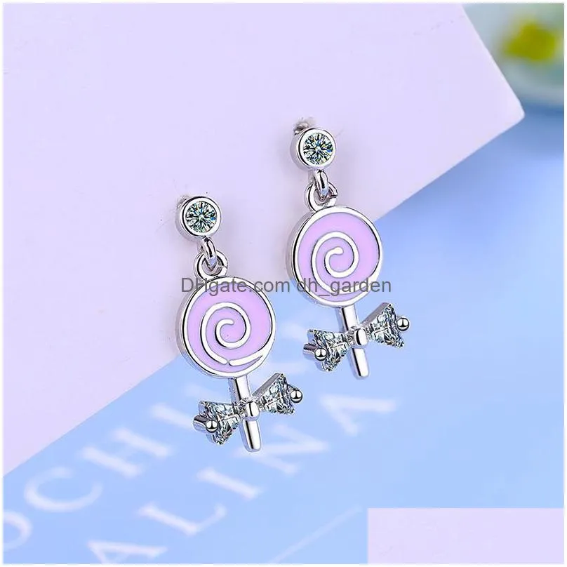 dangle chandelier girls lovely pink swirly lollipop drop earring bowknot zirconia stone tiny stud cute piercing jewelry for women