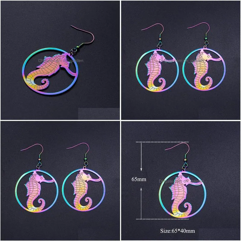 dangle chandelier super unique rainbow color stainless steel fashion seahorse drop earring for women large earrings trendy jewelry