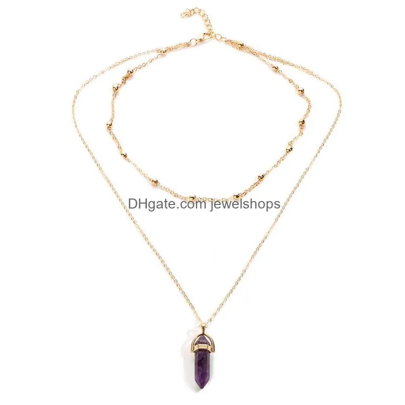 Pendant Necklaces Natural Stones Beads Necklace Women Crystals Quartz Chakra Hexagonal Prism Point Healing Pendant Necklaces Fashion D Dhjam