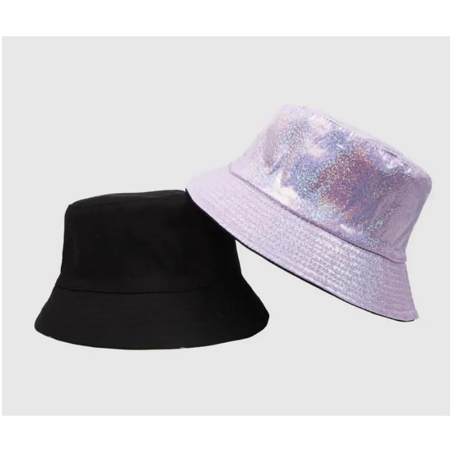 Party Favor Shinny Party Laser Bucket Hat Stage Wear Pu Leather Sparkle Wide Brim Fisherman Hats Christmas Music Festival Holographic Dh1Ra